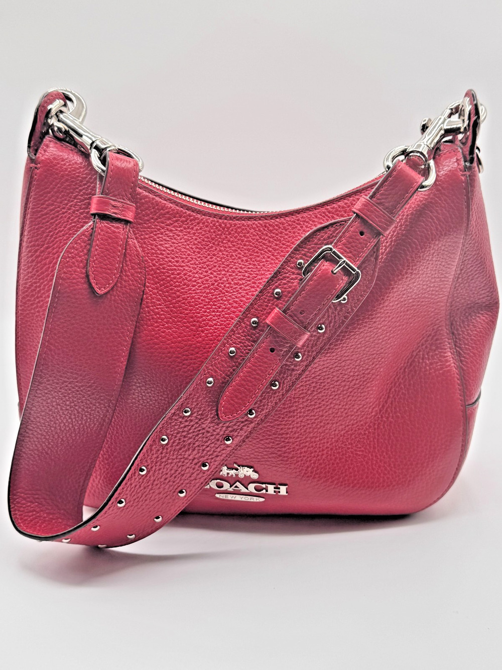 Coach Jes Hobo F76696 Red Pebbled Leather Studded Strap Shoulder Crossbody Bag